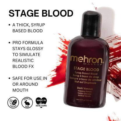 Mehron Stage Blood applied on skin demonstrating a deep red hyper realistic fresh wound effect.