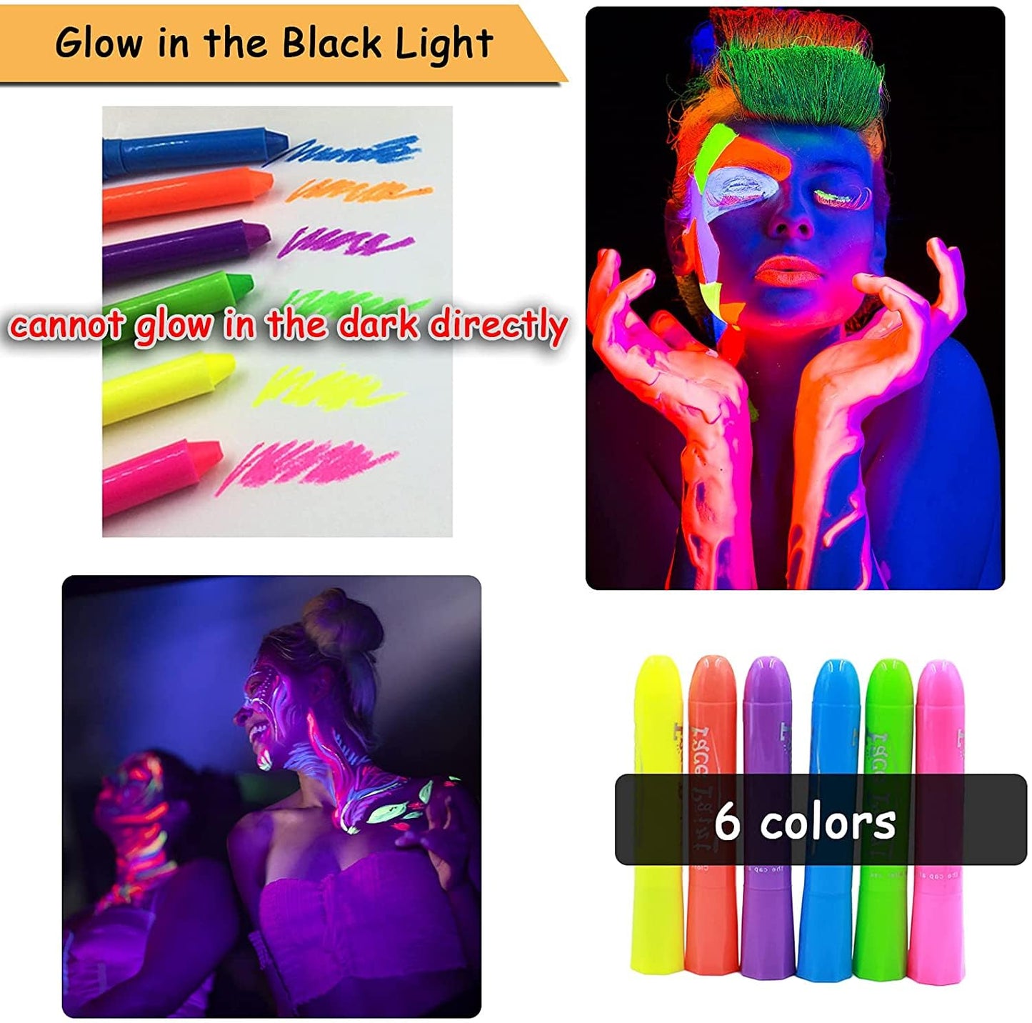Ausbond UV fluorescent body paint sticks glowing brightly under an ultraviolet blacklight source