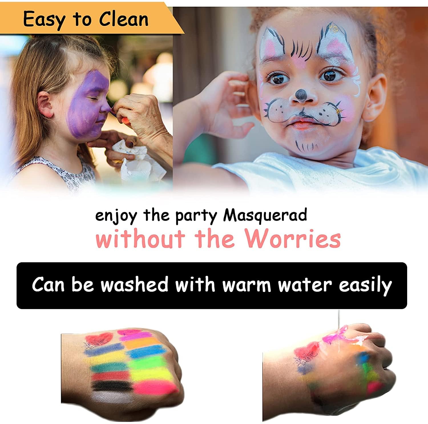Model demonstrating safe application of the non toxic washable neon paint on the arm