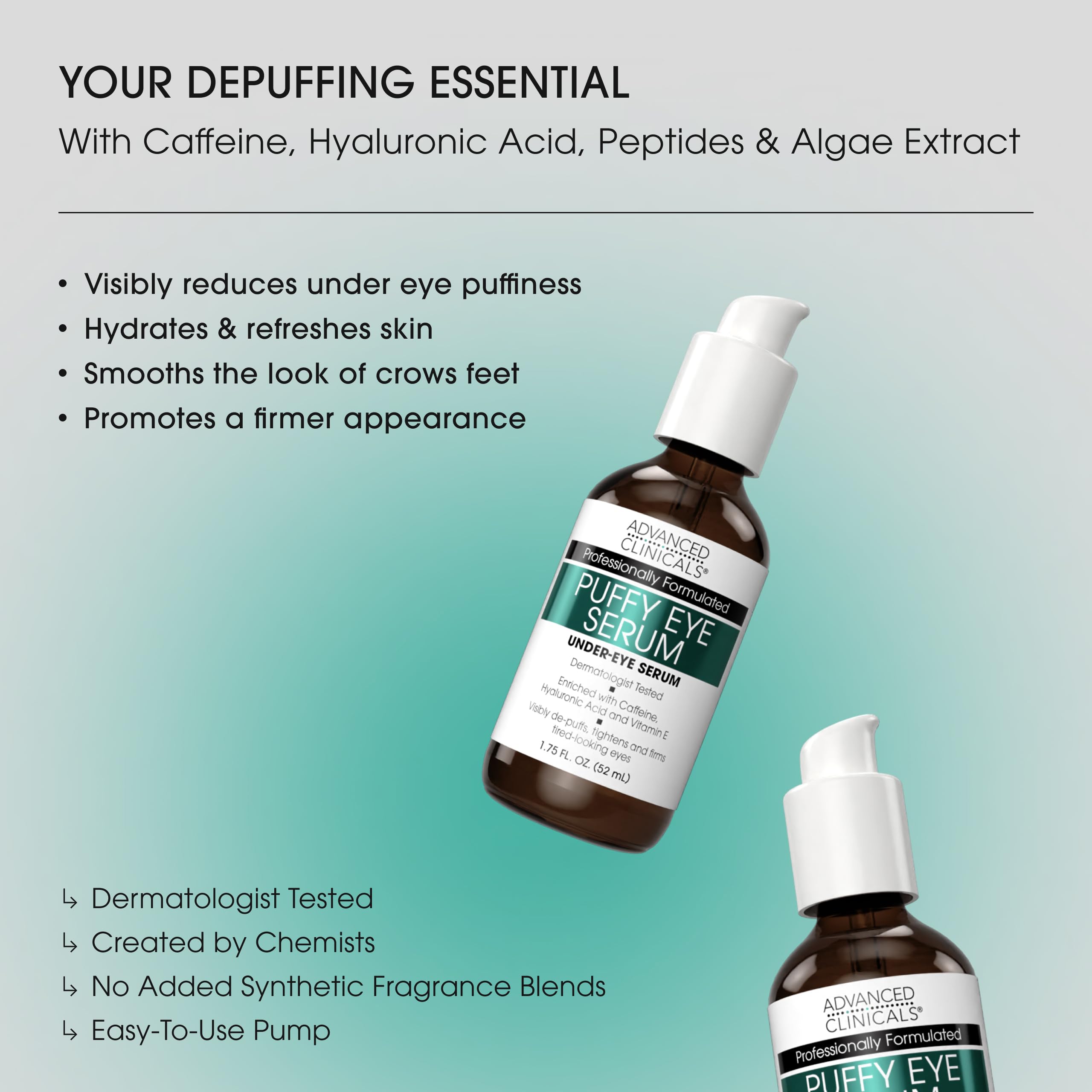 Advanced Clinicals Puffy Eye Serum packaging showcasing key ingredients
