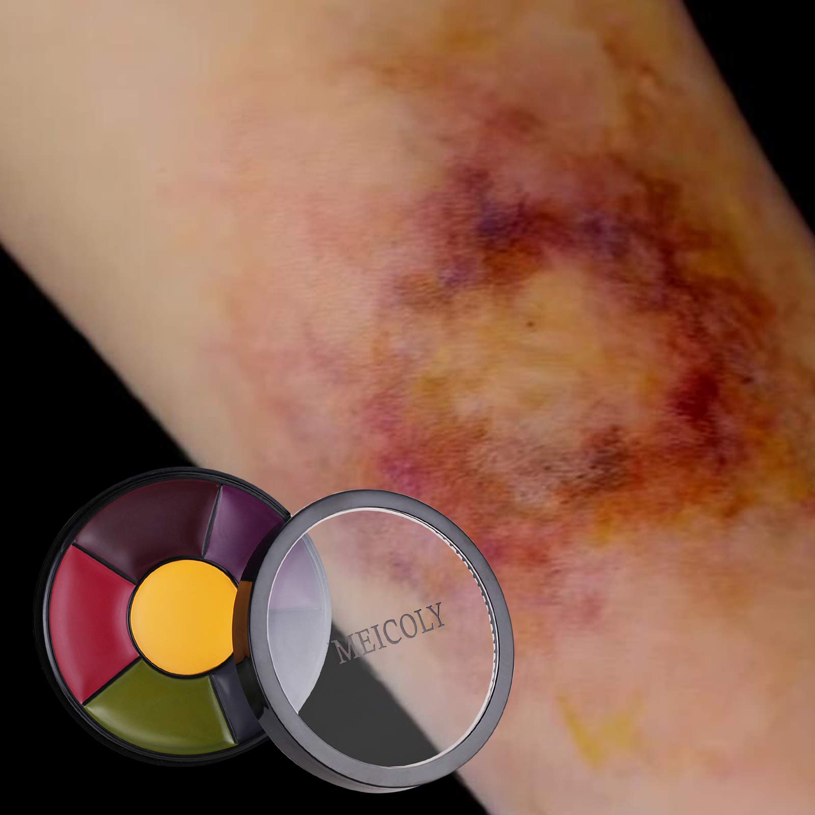 MEICOLY theatrical trauma oil paint wheel showing yellow green red purple blue brown shades.