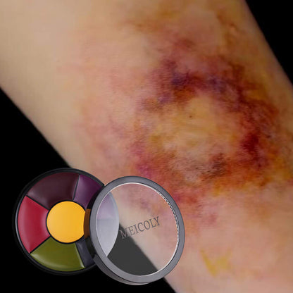 MEICOLY theatrical trauma oil paint wheel showing yellow green red purple blue brown shades.