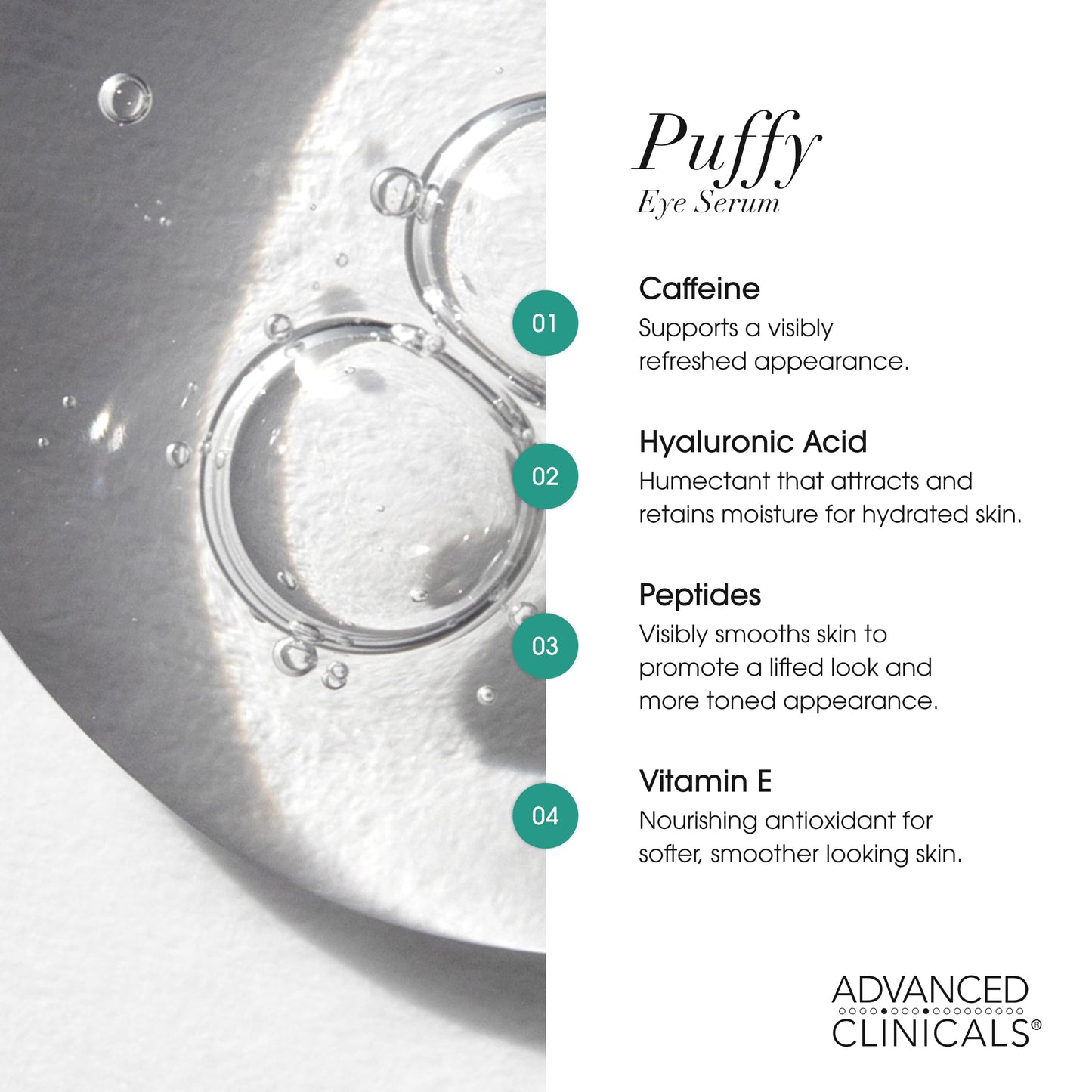 Advanced Clinicals Puffy Eye Serum bottle with ingredient highlight