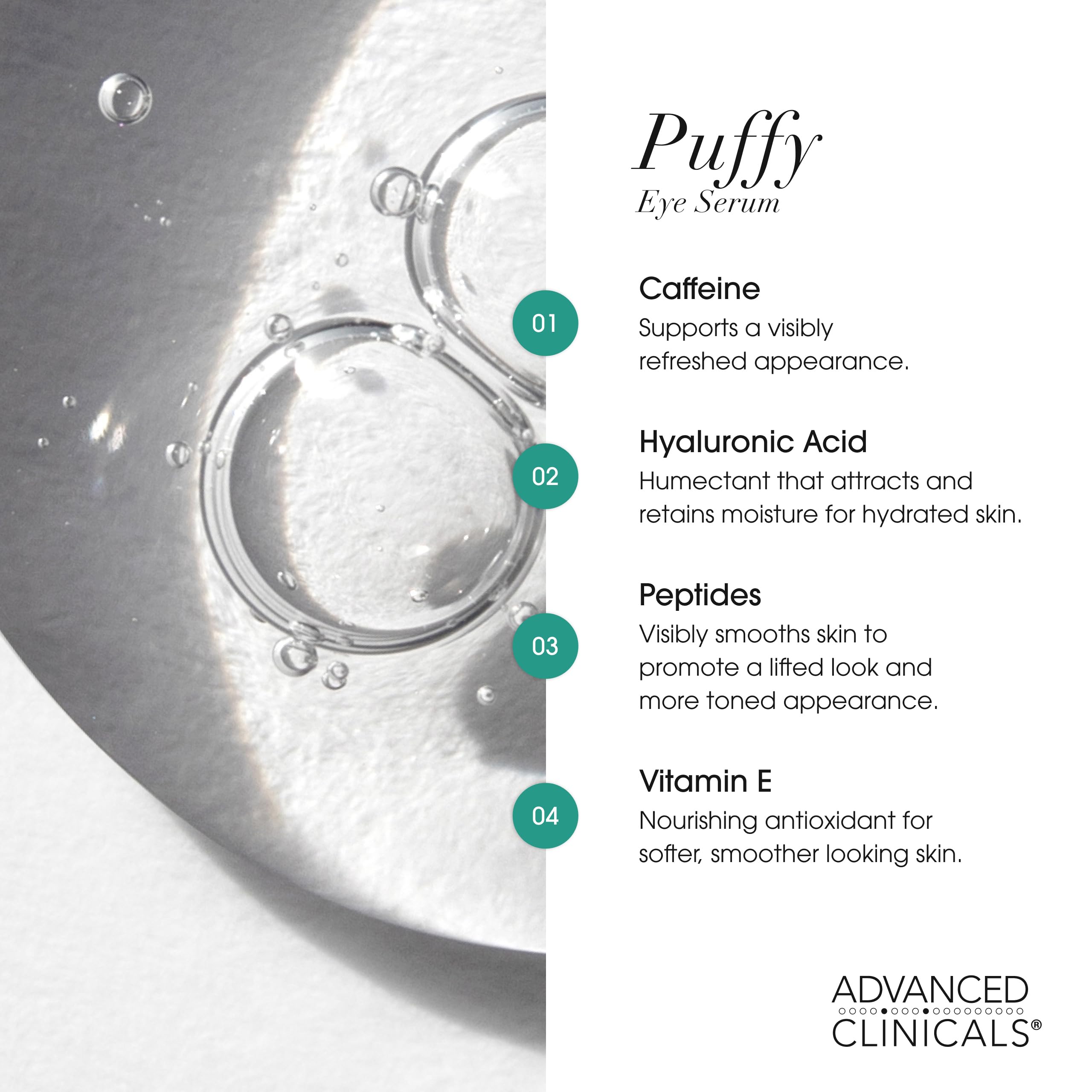 Advanced Clinicals Puffy Eye Serum bottle with ingredient highlight