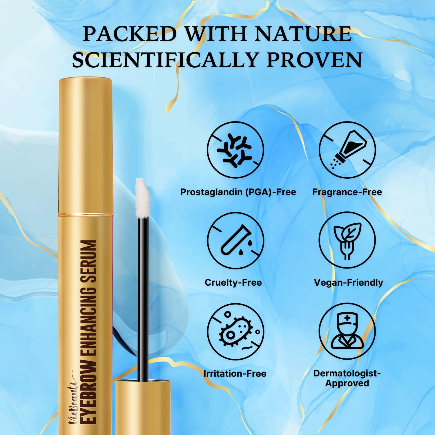 Model applying VieBeauti growth serum to eyebrows