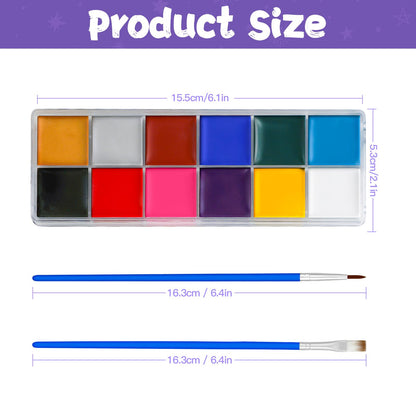 Close up of the non toxic hypoallergenic body paint palette with two styling brushes included