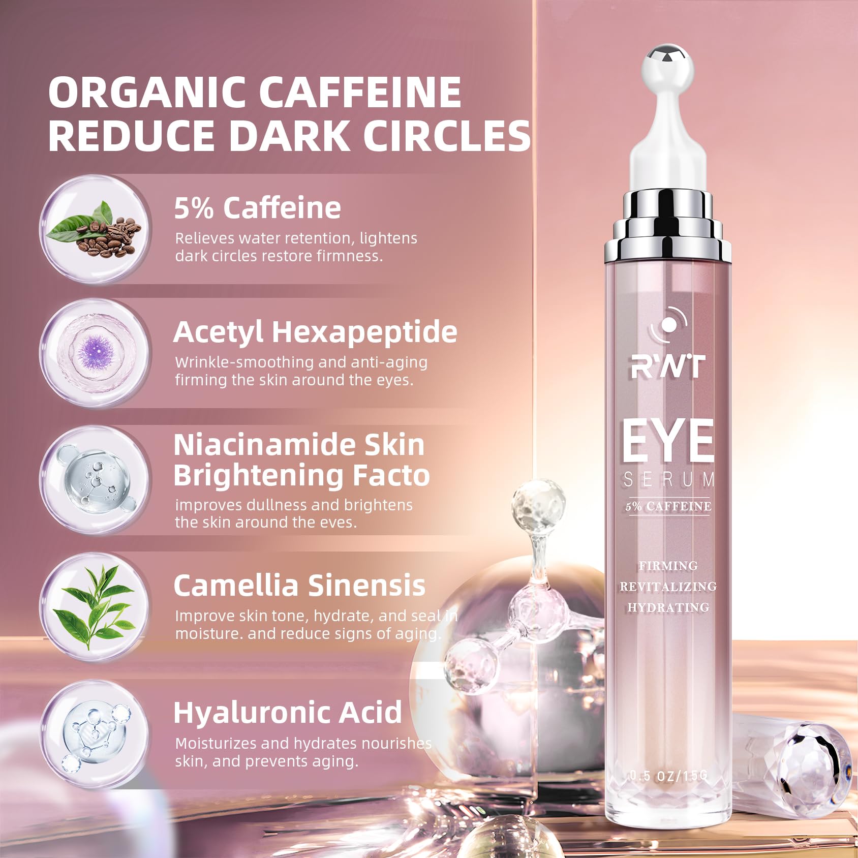 Model applying RWT under eye roller to dark circles
