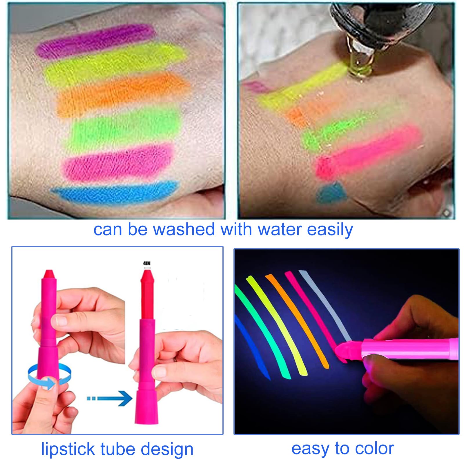 Twelve multicolored neon face painting crayons showing twistable mechanism design
