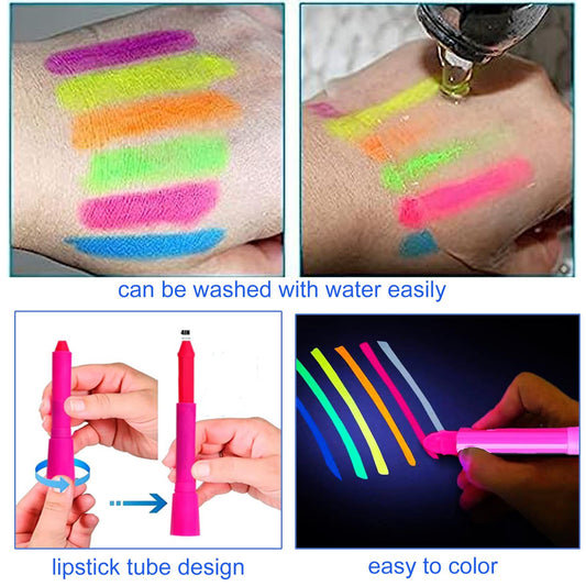 Twelve multicolored neon face painting crayons showing twistable mechanism design