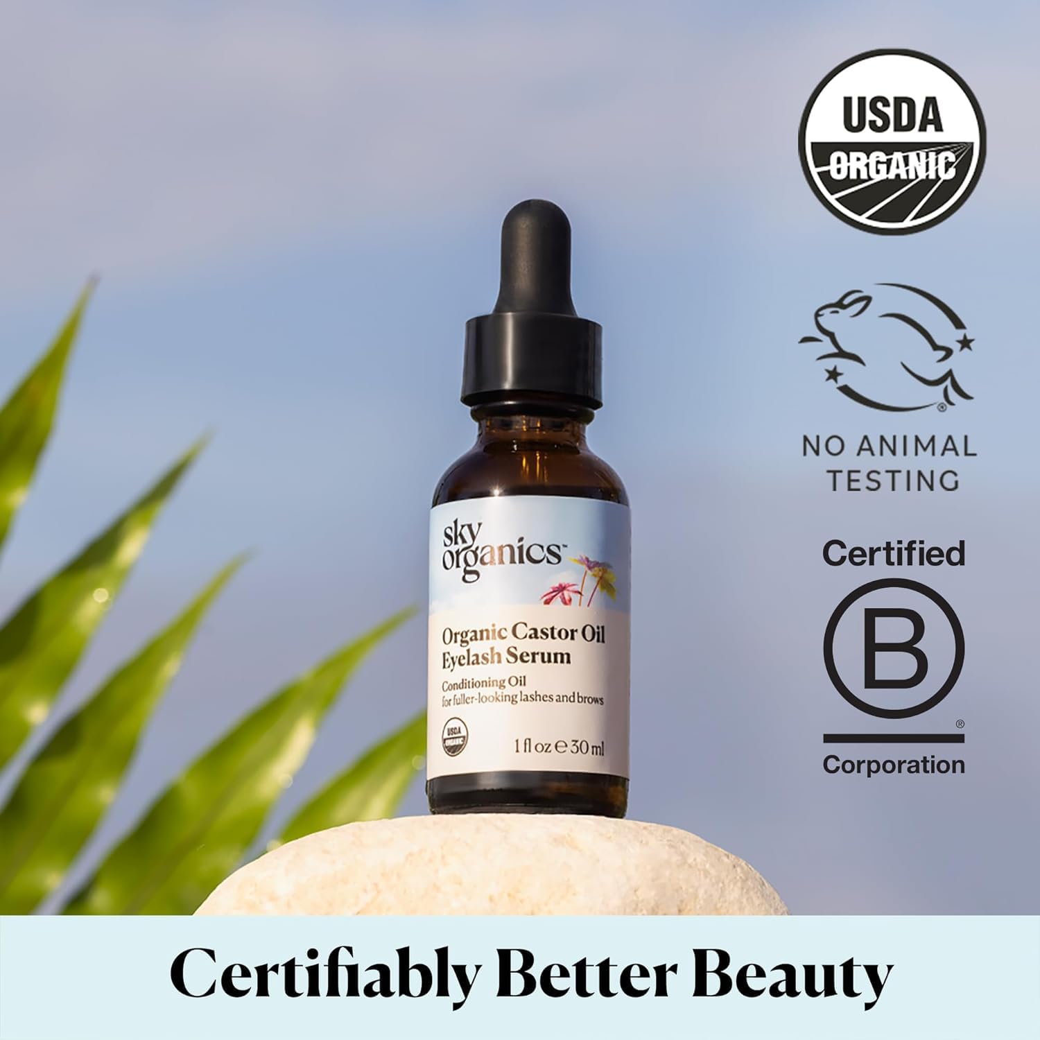 Top down view of Sky Organics castor oil bottle and product details