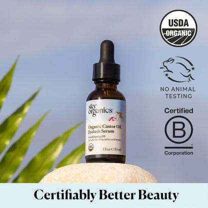 Top down view of Sky Organics castor oil bottle and product details