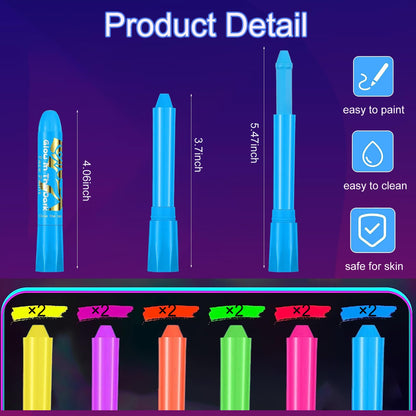 Vibrant UV reactive paint sticks glowing brightly under an ultraviolet light source
