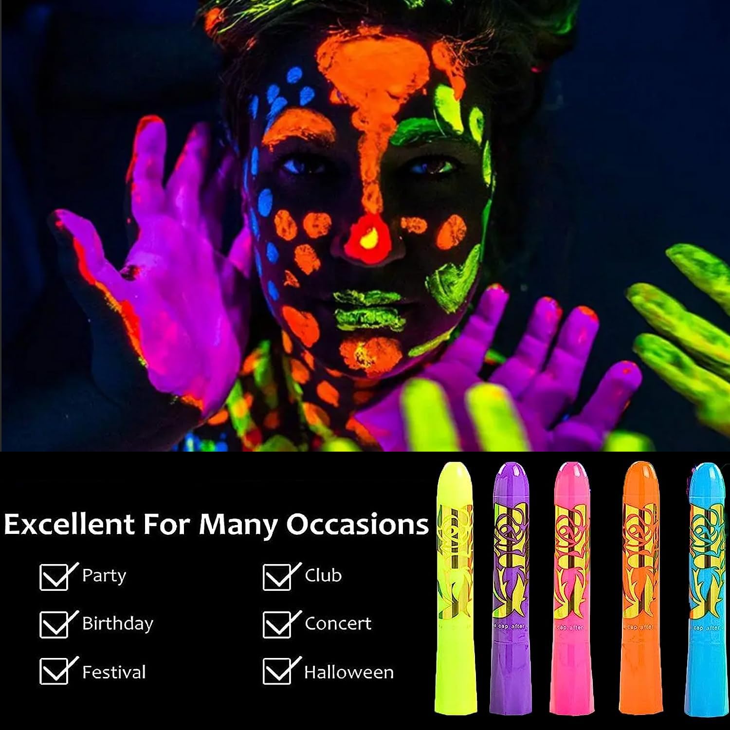 Portable multicolored face painting kit showing adjustable crayon length details