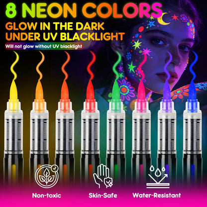 Dual tip UV neon face painting pens showing brush tip and fine precision tip
