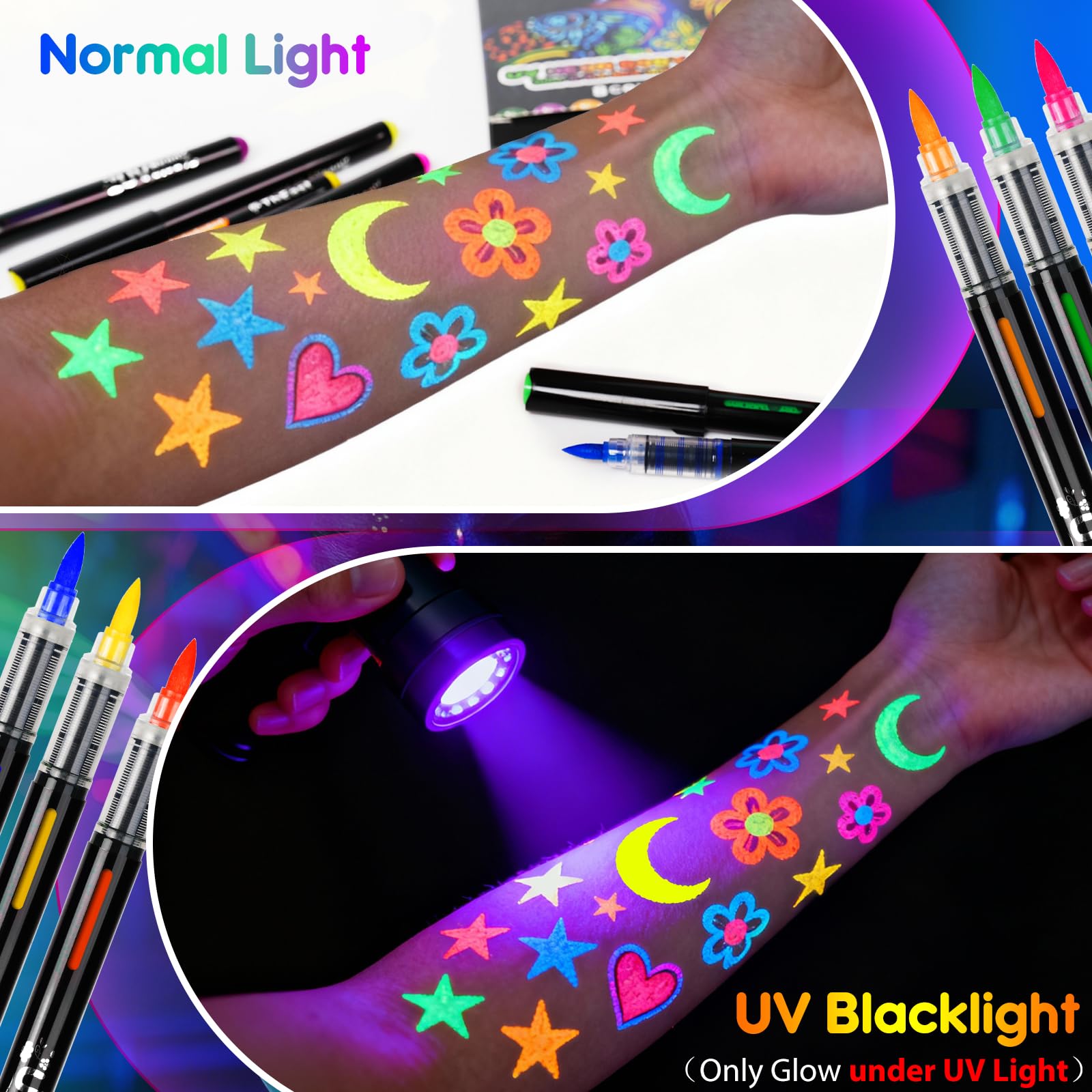 Eight neon fluorescent body paint colors glowing brightly under a blacklight