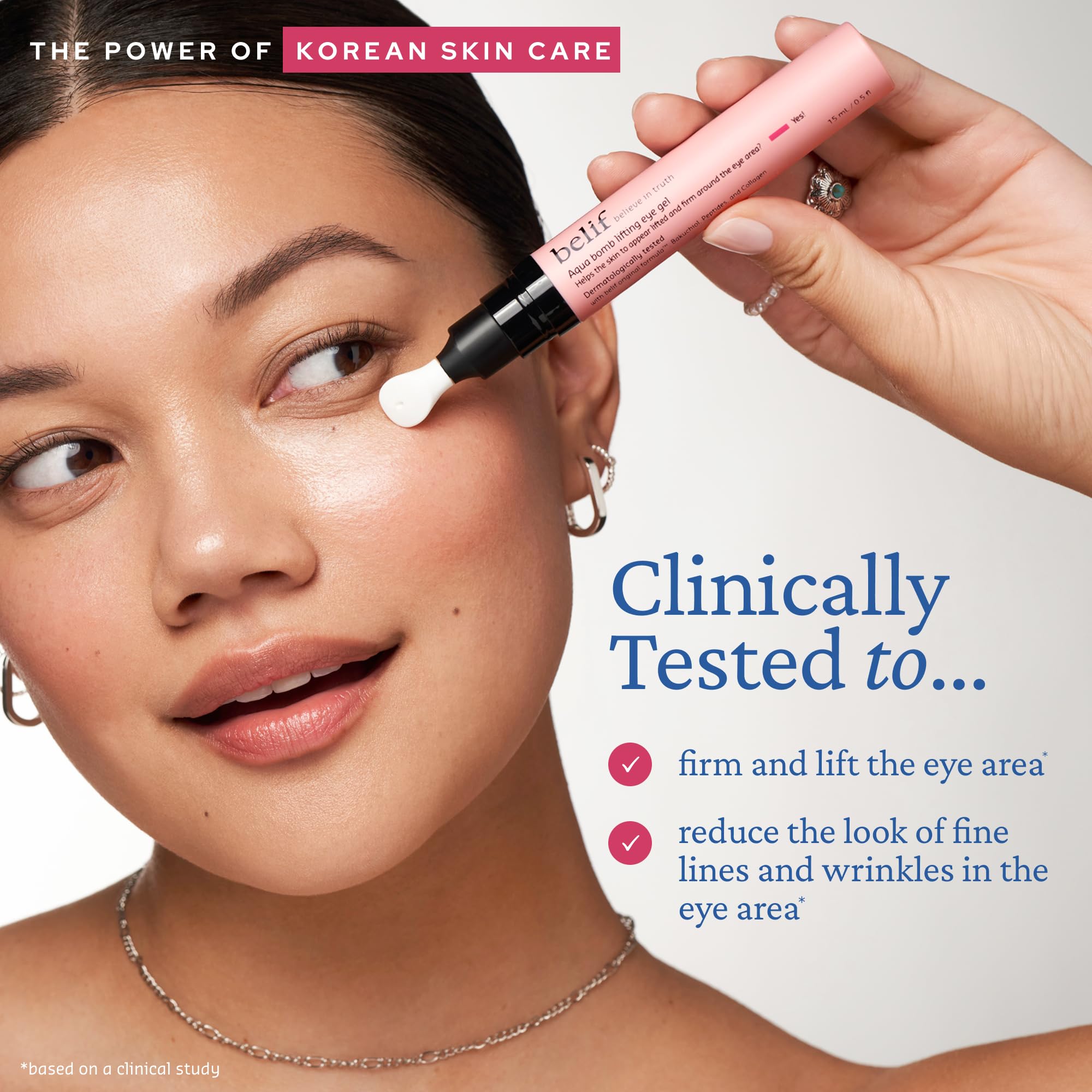 Belif eye serum bottle with ingredients listed