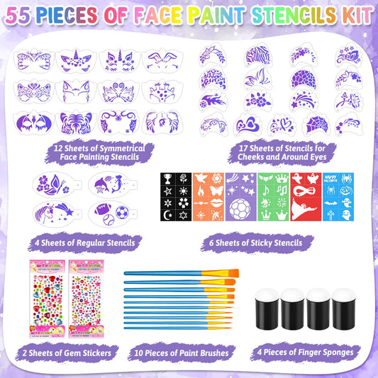 Flasoo cosmetic stencils bundle displaying thirty three different facial patterns for kids.