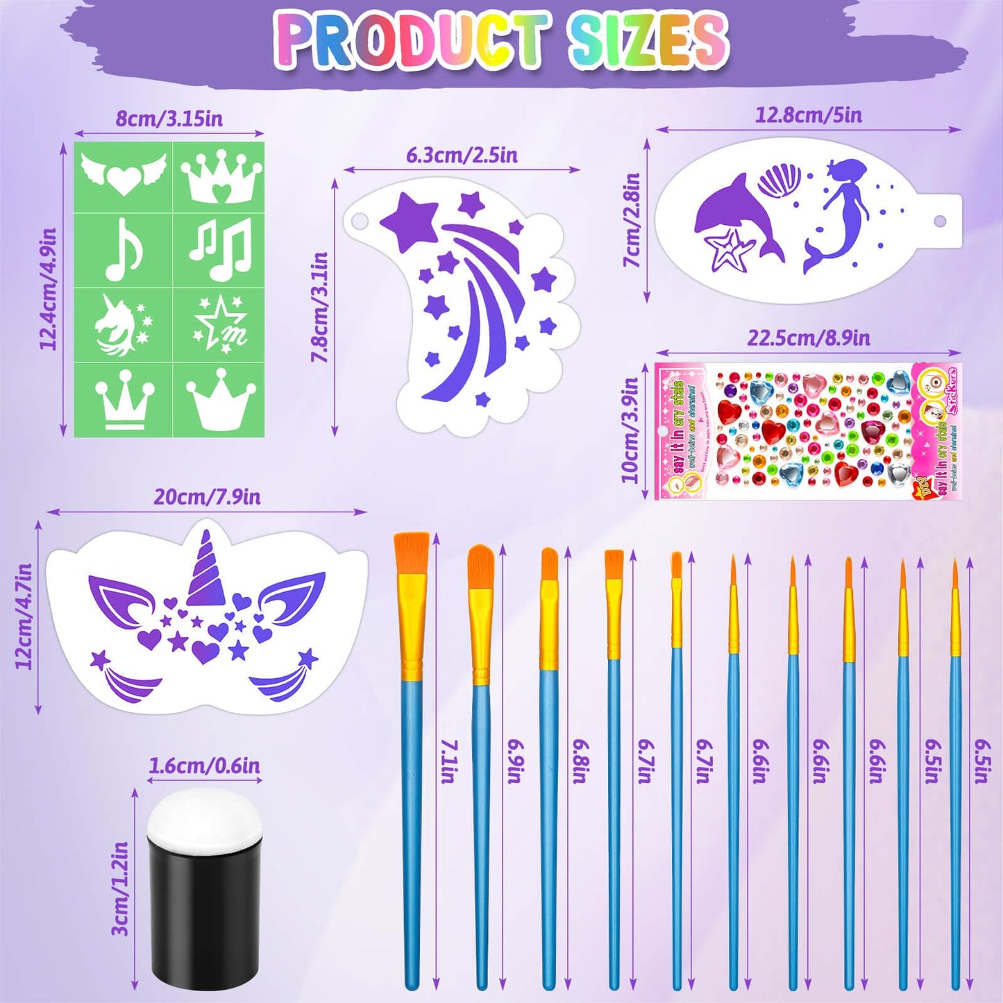 Flasoo professional party makeup tools including ten paint brushes and adhesive body gems.