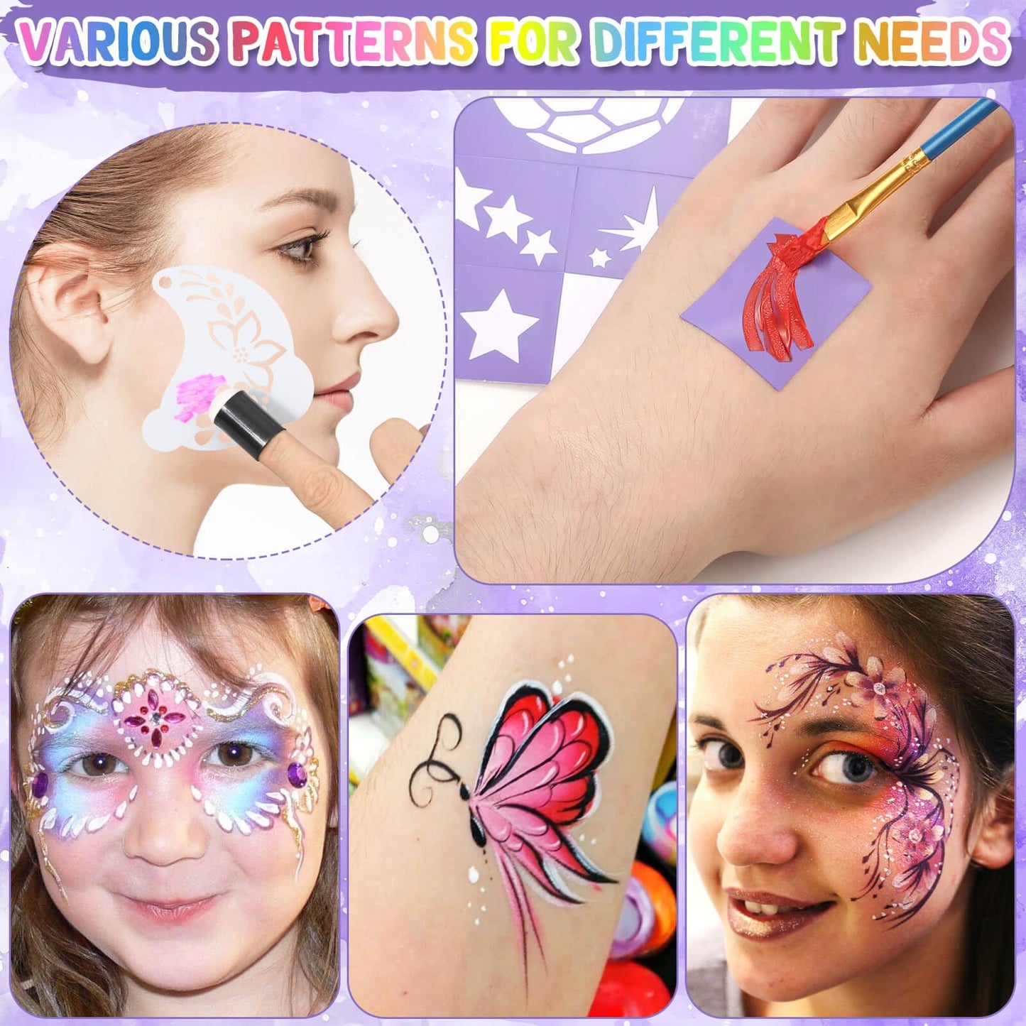 Flasoo holiday face paint kit showcasing application sponges and festive stencil options.