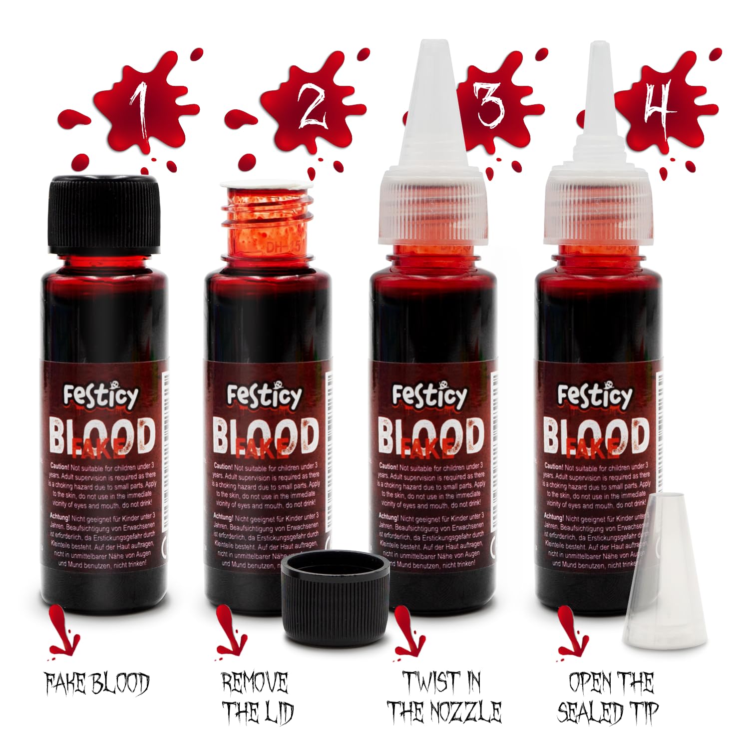 Festicy realistic vampire blood makeup bottle demonstrating its compact and travel friendly packaging