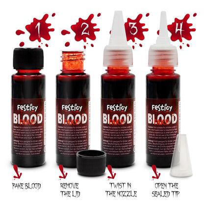 Festicy realistic vampire blood makeup bottle demonstrating its compact and travel friendly packaging