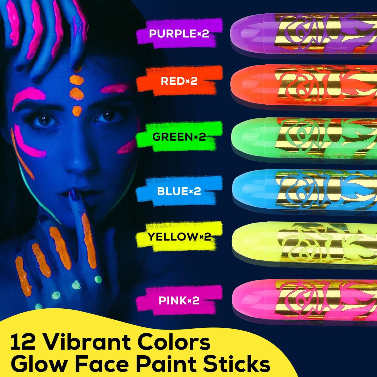 Close up of neon glow paint sticks in 12 vibrant colors