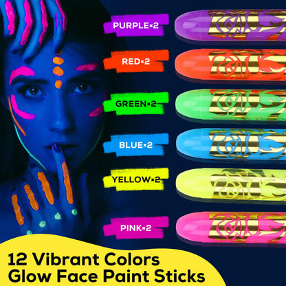 Close up of neon glow paint sticks in 12 vibrant colors