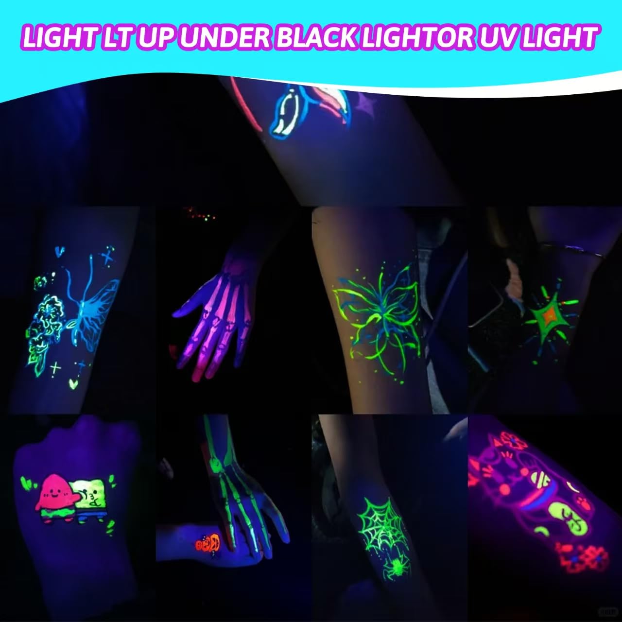 Glow in the dark body paint swatches under UV blacklight