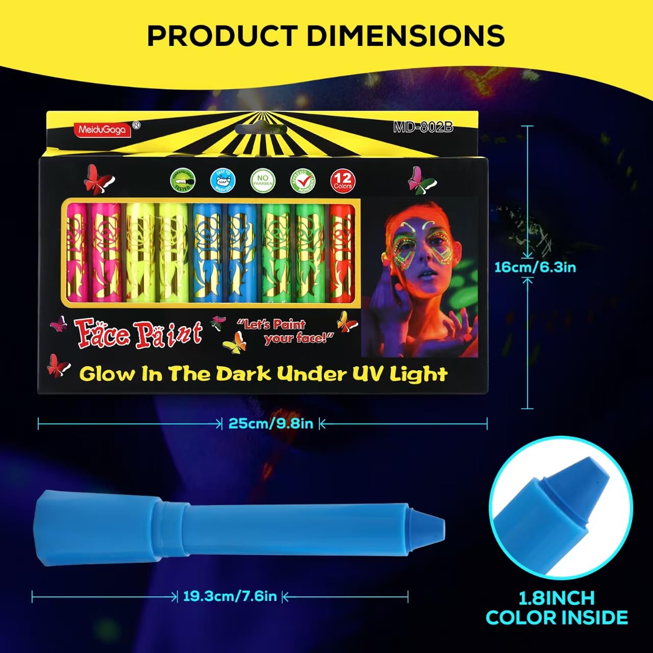 Halloween makeup design created with glow paint kit