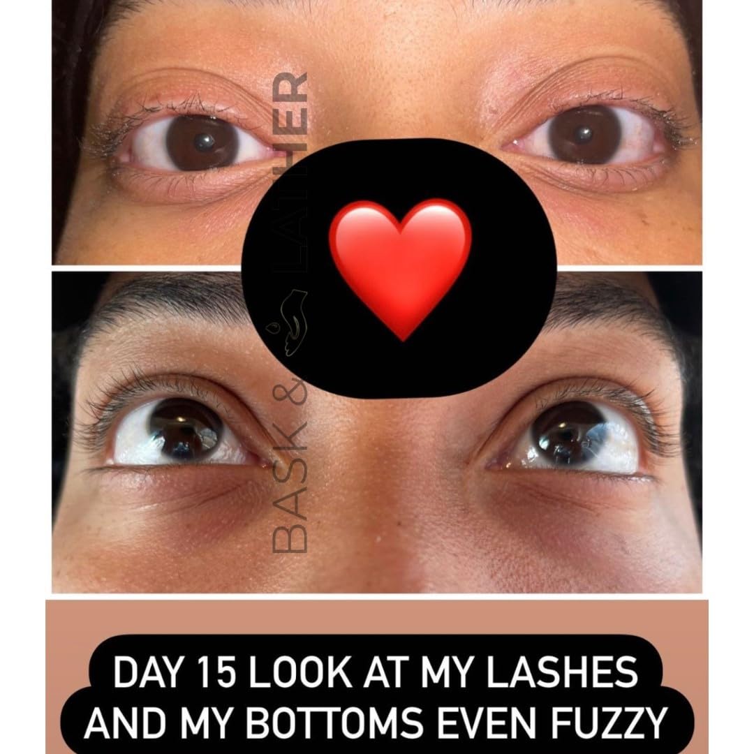 Model applying Bask & Lather serum to eyelashes