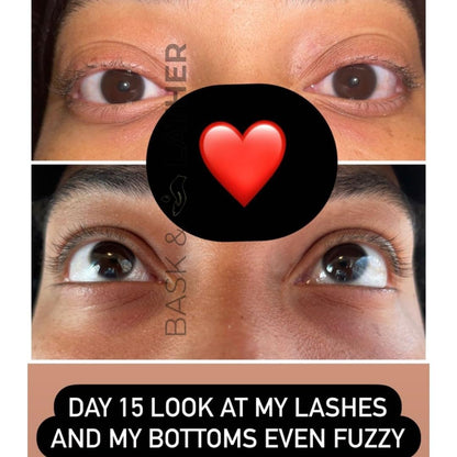 Model applying Bask & Lather serum to eyelashes