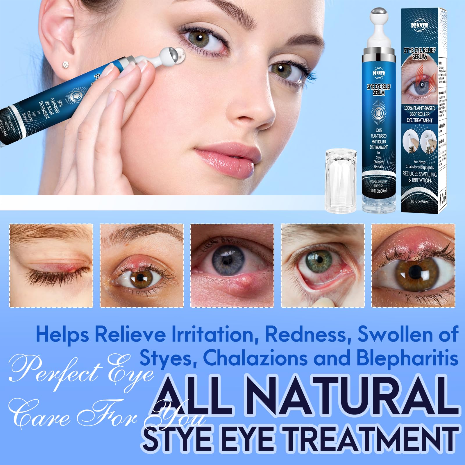 Close up of Penntr stye relief roller serum packaging