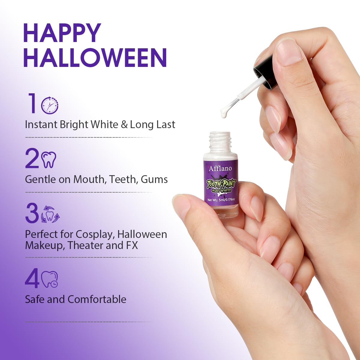 Side profile of the premium USA imported special effects tooth paint bottle showing product details.