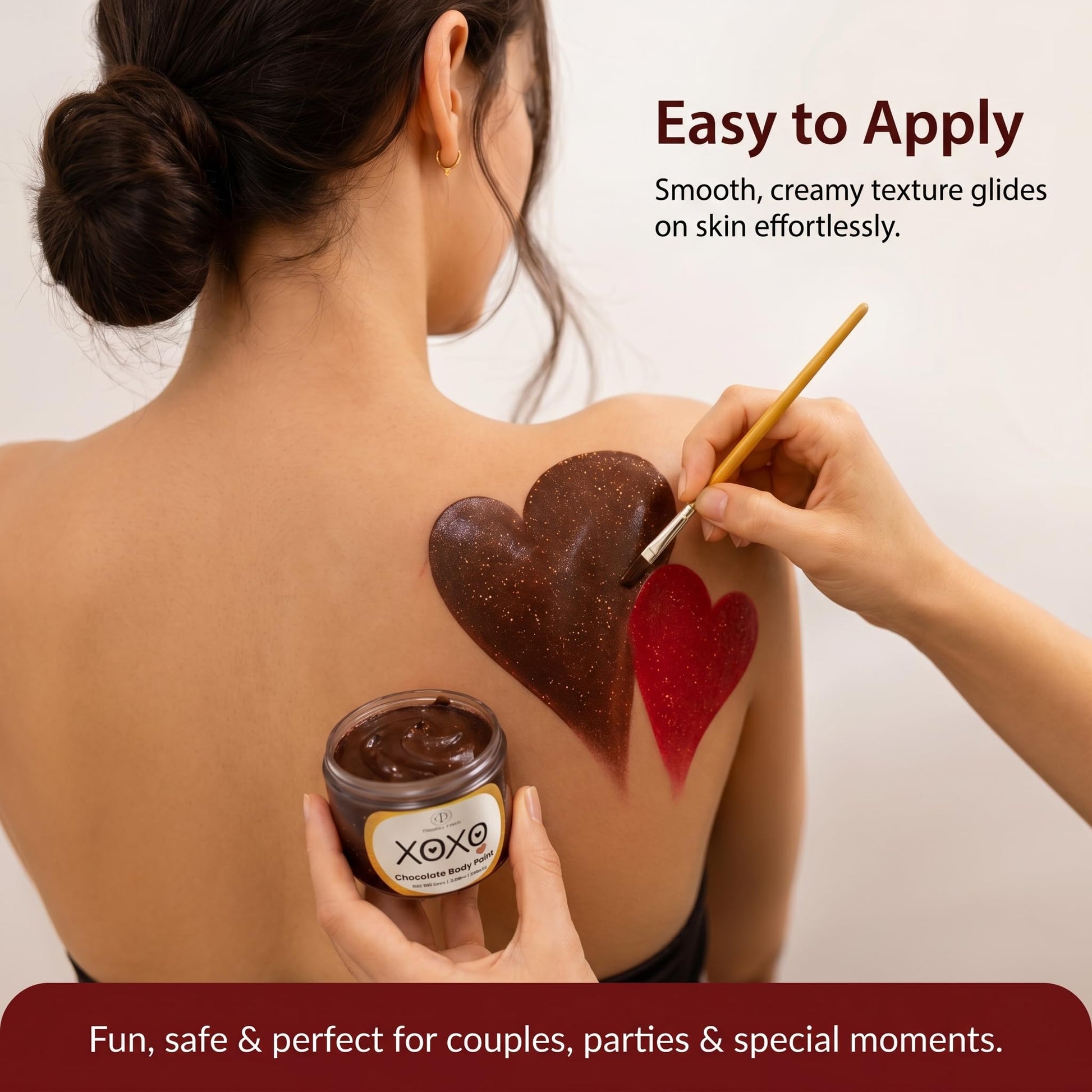 Two jars of Dude's Love edible flavored body paints in strawberry and chocolate variants displayed side by side.
