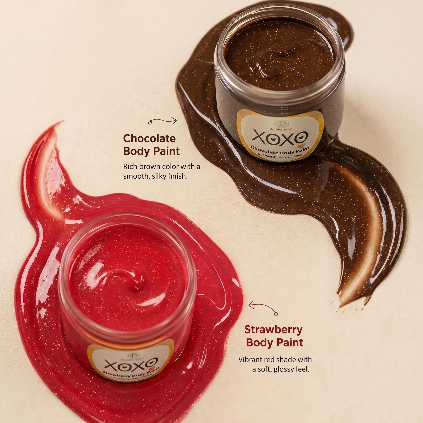 Close up view of the smooth texture of chocolate flavored edible couples body paint.