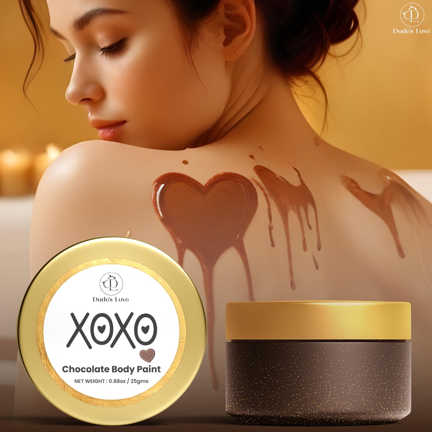 Close up view of the luscious strawberry flavored skin friendly romantic body paint jar.