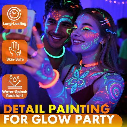 Close up view of the fine pen tip on a neon blacklight reactive body makeup marker showing precision detailing capabilities