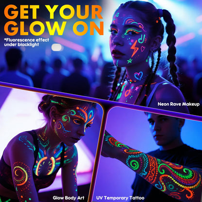 Vibrant swatches of the twelve washable fluorescent ink colors drawn on a forearm showcasing daylight pigment quality