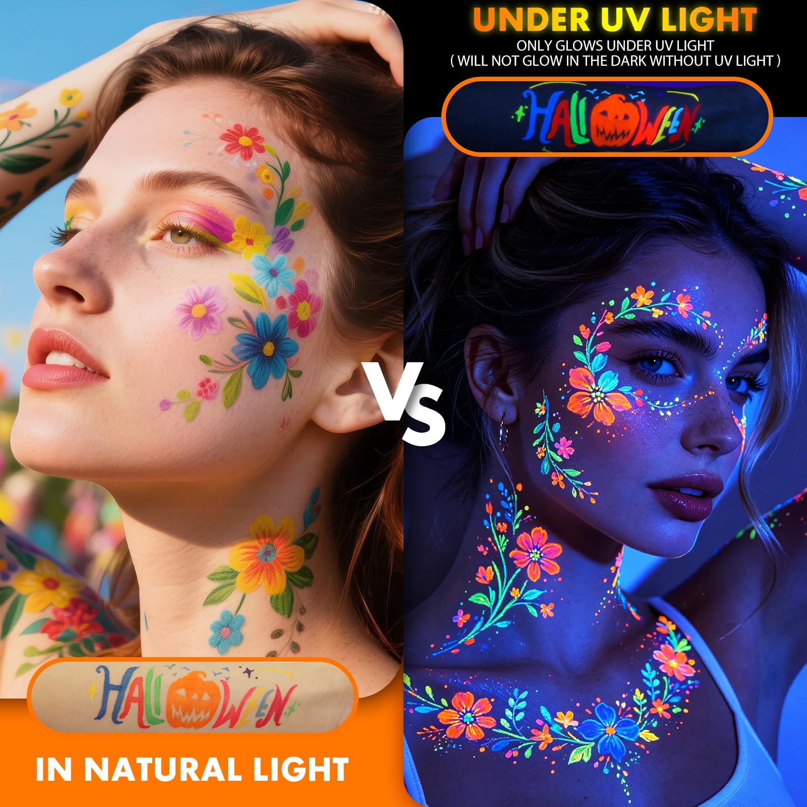 Demonstration of the skin-safe neon face paint pens glowing intensely under a studio ultraviolet blacklight lamp setup