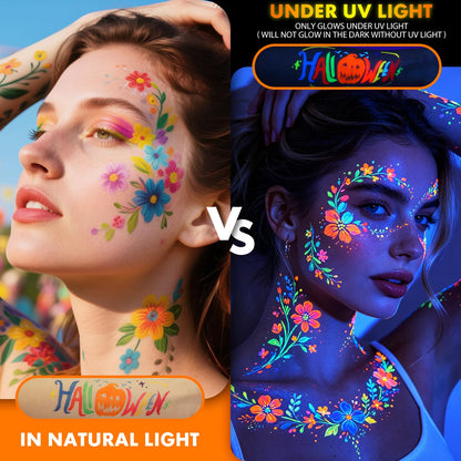 Demonstration of the skin-safe neon face paint pens glowing intensely under a studio ultraviolet blacklight lamp setup