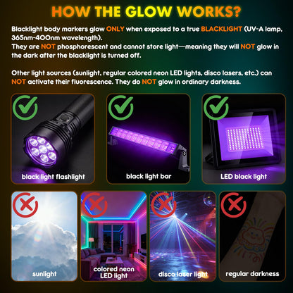 Side angle shot of the complete twelve piece imported glow party makeup set arranged neatly for festival preparation