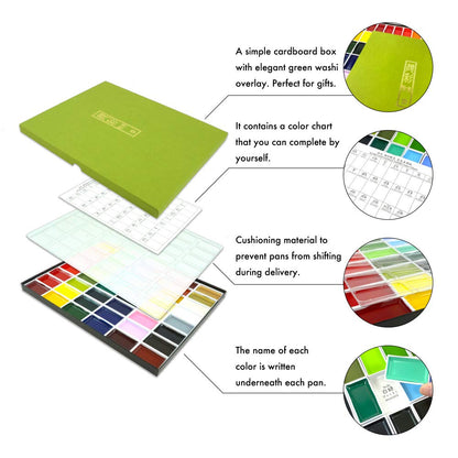 Richly pigmented Japanese watercolor washes created using the Kuretake Gansai Tambi palette