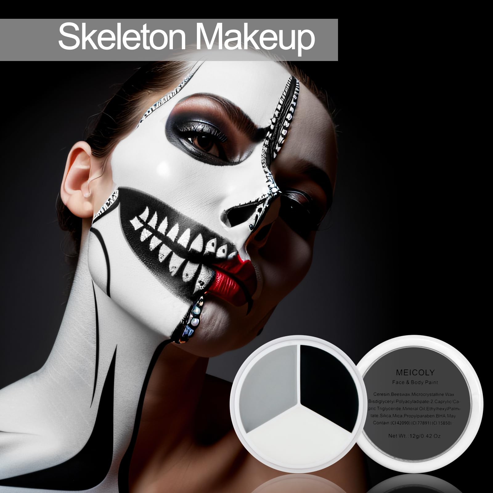 MEICOLY three color cream makeup palette showing black white and grey pans open