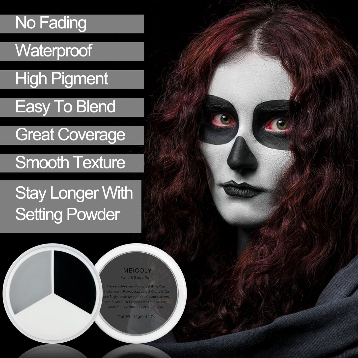 MEICOLY SFX cosmetic palette textures close up view showing cream pigment consistency