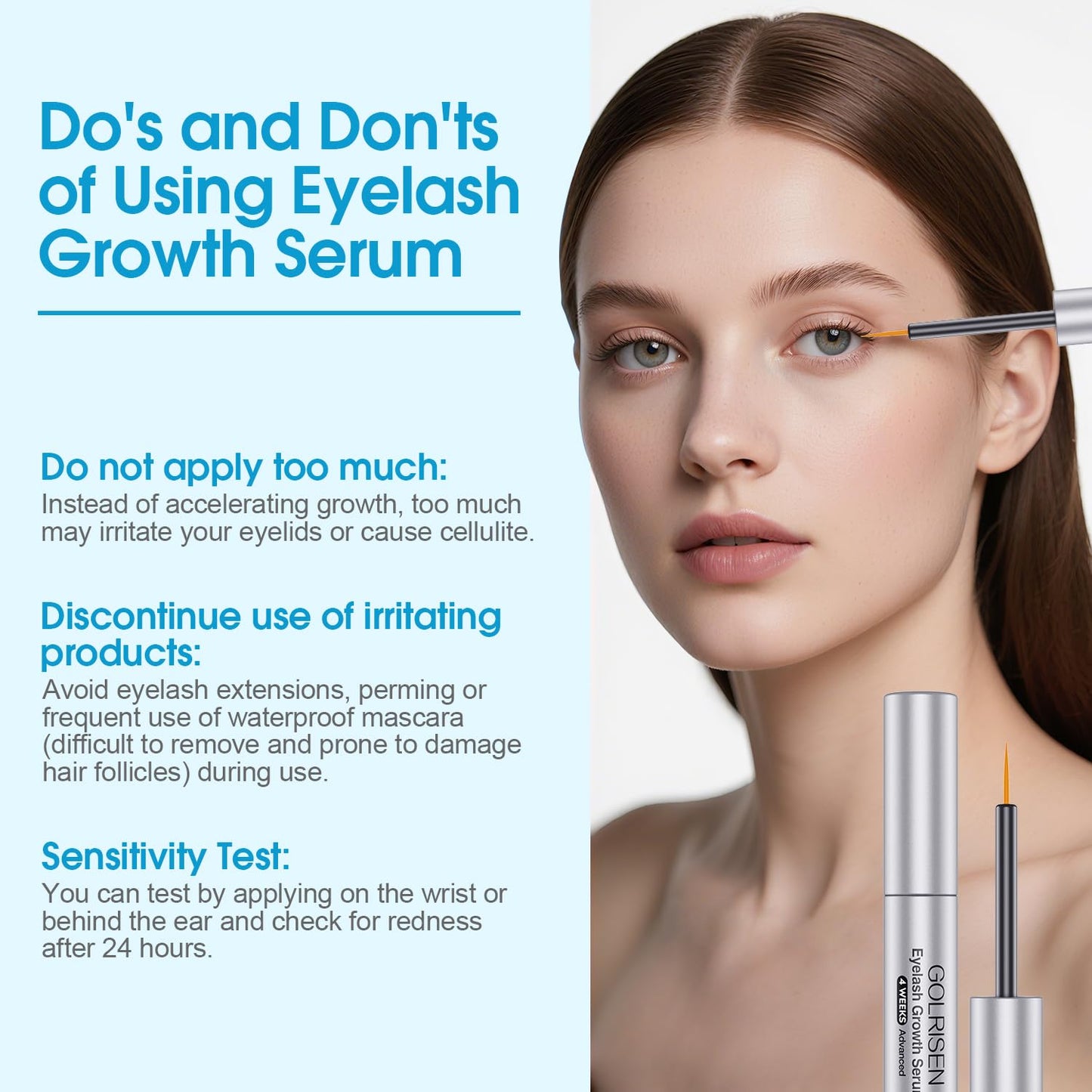 Model applying Golrisen lash serum to upper lash line