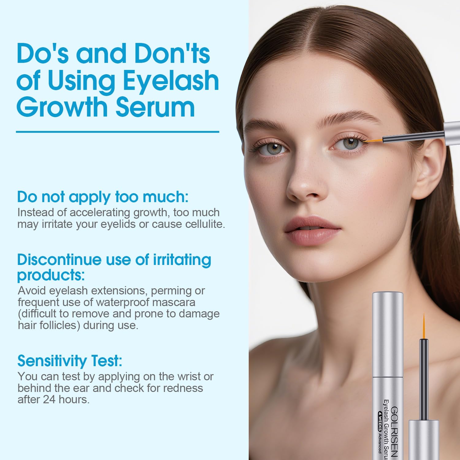 Model applying Golrisen lash serum to upper lash line