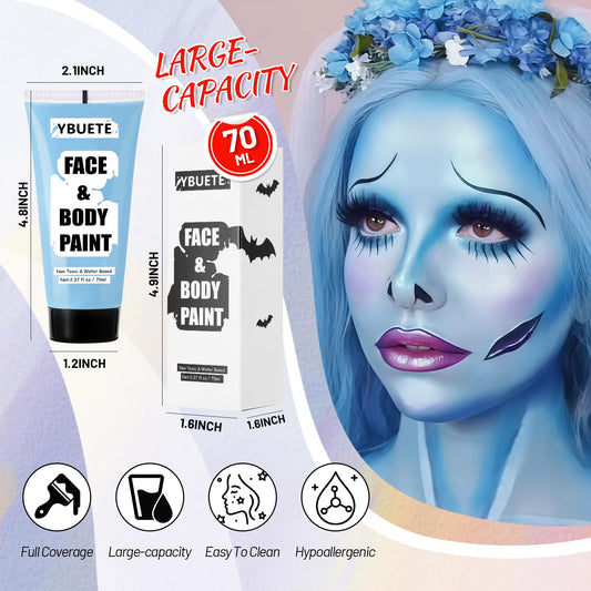 Squeezed tube of light blue professional cosmetic paint demonstrating creamy texture for cosplay