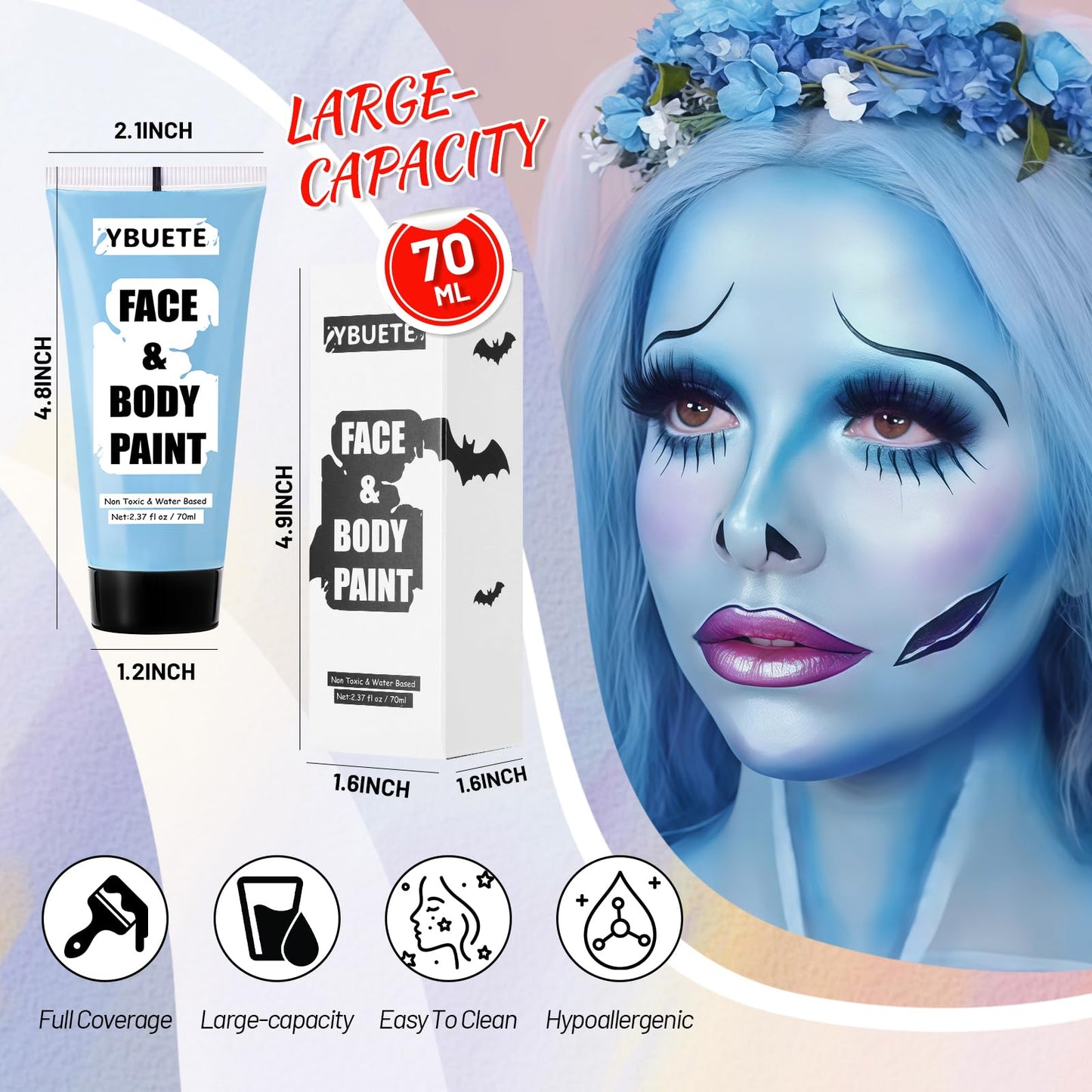 Squeezed tube of light blue professional cosmetic paint demonstrating creamy texture for cosplay