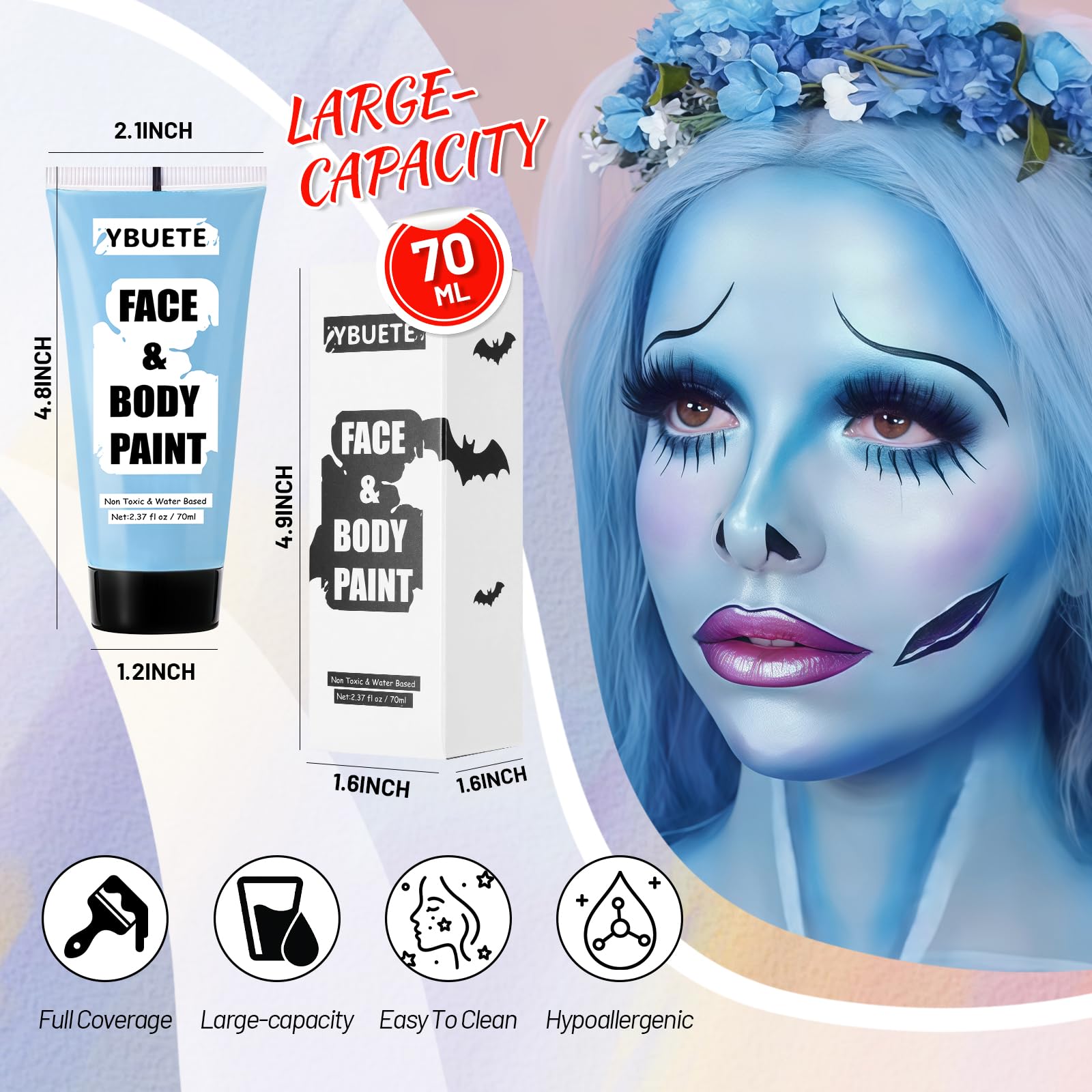 Squeezed tube of light blue professional cosmetic paint demonstrating creamy texture for cosplay