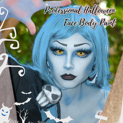 Demonstration of light blue opaque pigment coverage on skin for Avatar and Corpse Bride makeup